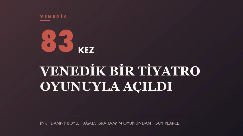 Kırmızı tonlu zemin üzerinde 83 KEZ yazısı ve “Venedik bir tiyatro oyunuyla açıldı” başlığını taşıyan haber kapağı