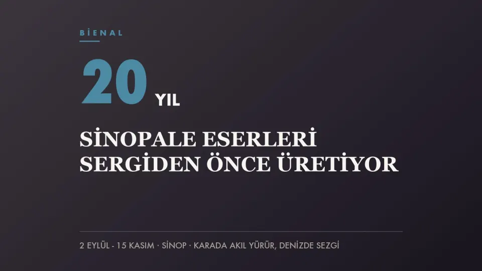 Mavi tonlu zemin üzerinde 20 YIL yazısı ve “Sinopale eserleri sergiden önce üretiyor” başlığını taşıyan haber kapağı