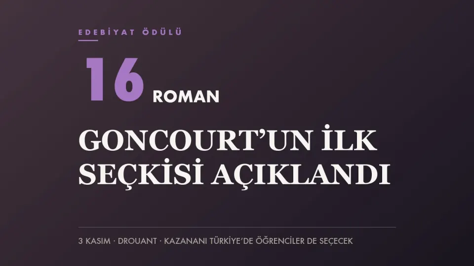 Mor tonlu zemin üzerinde 16 ROMAN yazısı ve “Goncourt’un ilk seçkisi açıklandı” başlığını taşıyan haber kapağı