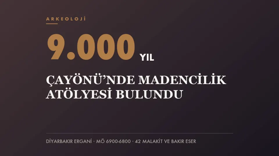 Toprak renkli zemin üzerinde 9.000 YIL yazısı ve “Çayönü’nde madencilik atölyesi bulundu” başlığını taşıyan haber kapağı