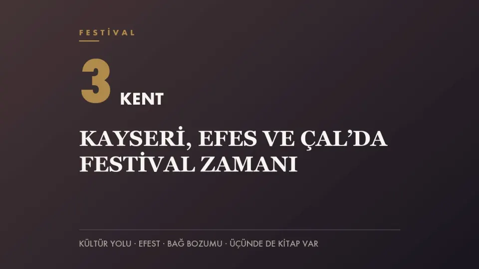 Hardal renkli zemin üzerinde 3 KENT yazısı ve “Kayseri, Efes ve Çal’da festival zamanı” başlığını taşıyan haber kapağı