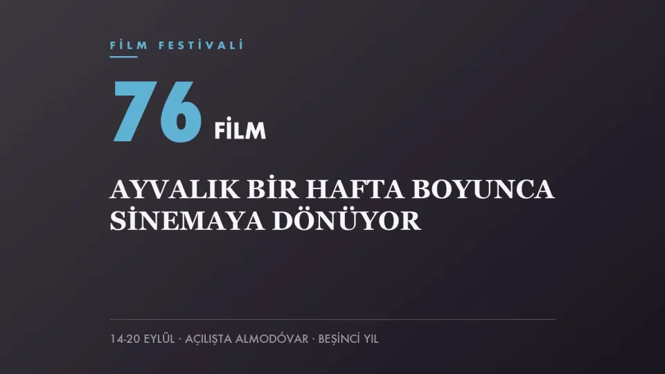 Ayvalık Uluslararası Film Festivali için hazırlanan, 76 film yazan koyu zeminli kapak görseli